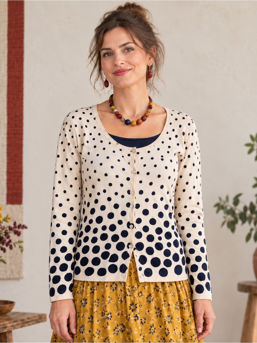 Gudrun Sjoden Cream Cardigan with Navy Dot Gradient